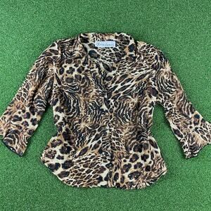 Vintage 90s Y2K Gloria Lane Brown Animal Print Gold Embellished Sheer Top Sz S